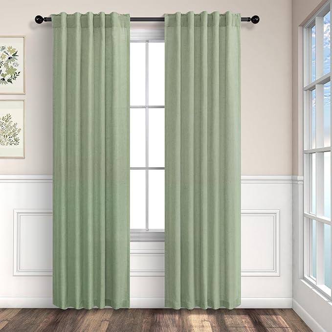 Sage Green Curtains 38 Inch Wide for Bedroom 2 Panels Back Tab Rod Pocket Semi Sheer Privacy Cotton Textured Light Filter Light Green Linen Curtains for Living Room Neutral Decor Width 38 x 96 Long