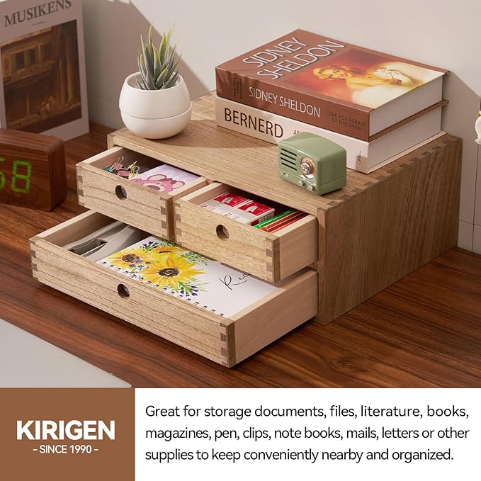 KIRIGEN Solid Wood Desktop Organizer with 3 Drawers - Multi-Layer Office Supplies Storage Rack for Documents, Stationery, Jewelry - Natural Wooden Desk Shelf Organizer Brown WJG23-DBR