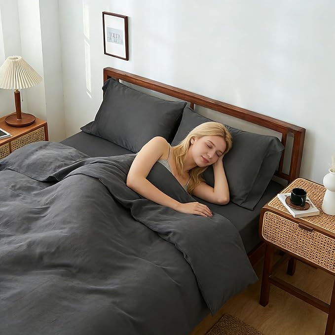 100% Linen Duvet Cover Set, 3 PCS Natural French Flax Dark Grey Duvet Cover Queen Size, Breathable Soft Comfy Linen Bedding Comforter Cover with 2 Pillowcases(Dark Grey, 88" x 92")