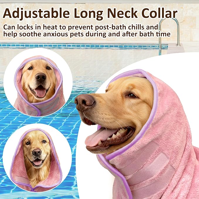 Soft Dog Bathrobe Fast Drying Dog Coat, Super Absorbent Dog Towels for After Bath, Microfiber Pet Robe Adjustable Collar & Belly Warm Keeping Dogs Coat for Pet Dogs & Cats (Pink, 3X-Large)