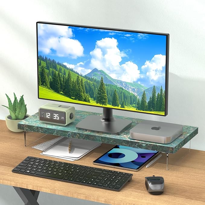 Dual Monitor Stand Riser, 40" Large Computer Monitor Stands for 2 Monitors, Wooden Desktop Organizer Shelf for Office Desk Computer, Laptop, TV, Monitor, Printer