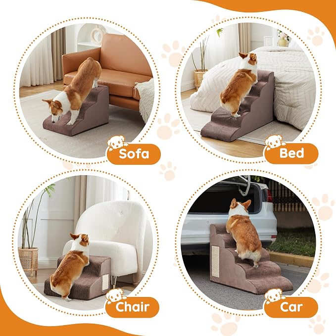 Pet Stairs, Dog Stairs for Small Dogs, Dogs Steps, 5-Step Curved Dog Ramp for Bed, Couch, Sofa, Car and Chair, Non-Slip Bottom Design, Cat Scratching Board, High Density Foam Portable Pet Step, Coffee
