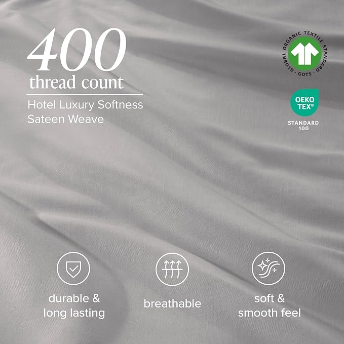 Bare Home 100% Organic Cotton King Sheet Set - 400 Thread Count - Smooth Sateen Weave - Breathable & Cooling - Hotel Luxury Set - Deep Pocket Bed Sheets (King, Light Grey)