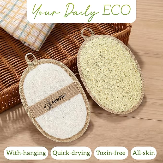 Natural Loofah Exfoliating Body Scrubber, Loofah Bath Sponge, Luffa for Women and Men, 100% Biodegradable Compostable, Dye Free, Zero Waste Eco Friendly Sustainable (Pack 2-4.7" x 6.3" Each)