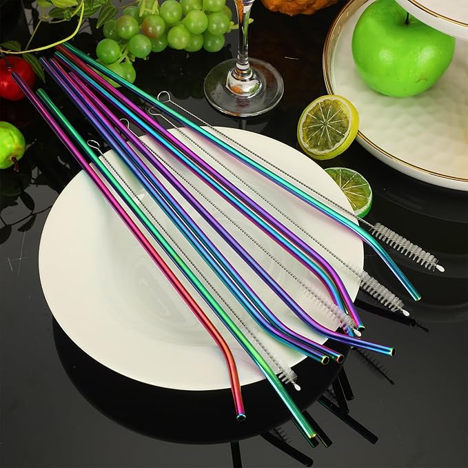 Geiserailie 8 Pieces 14 Inch Reusable Stainless Steel Straws Long Drinking Straws for 100 oz Tumblers, Extra with 4 Pieces Cleaning Brush(Rainbow)