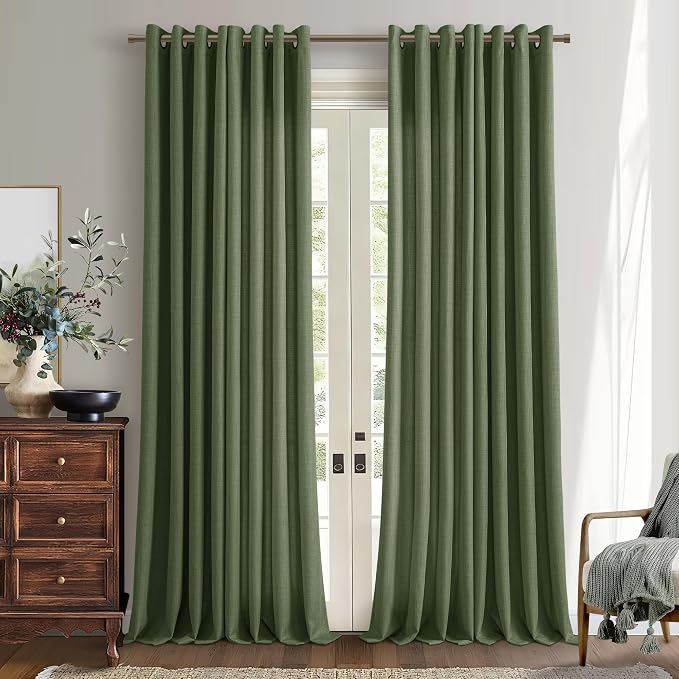 Olive Green 100 Inch Curtains Faux Linen Light Filtering Non-See-Through Privacy Bronze Grommet Elegant Boho Window Curtains Drapes for Living Room Bedroom 100 Inches Long 2 Panels Set Moss Green