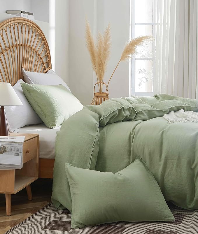 100% French Flax Linen Duvet Cover Set, King Size 104''x90'' 3 Pcs with 8 Corner Ties and Button Closure, Soft and Breathable for All Season(Green, King)
