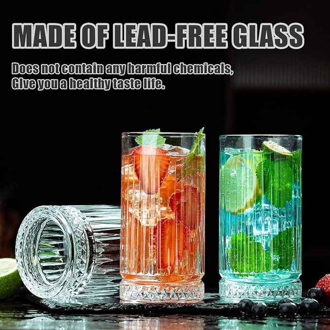 Crystal Drinking Glasses, Set of 8 Durable Glass Cups-4 Highball Glasses 15oz & 4 Rocks Glasses 12oz, Mojito Cups, Cocktail Glass, Bar Glassware Set for Cocktail, Beer, Whiskey
