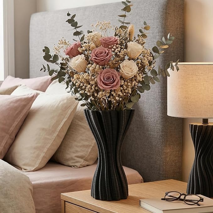 Minimalist Black Ceramic Vase, Irregular Organic Shape Decorative Flower Vase for Home Decor, Wabi-Sabi Modern Accent for Living Room Table Shelf