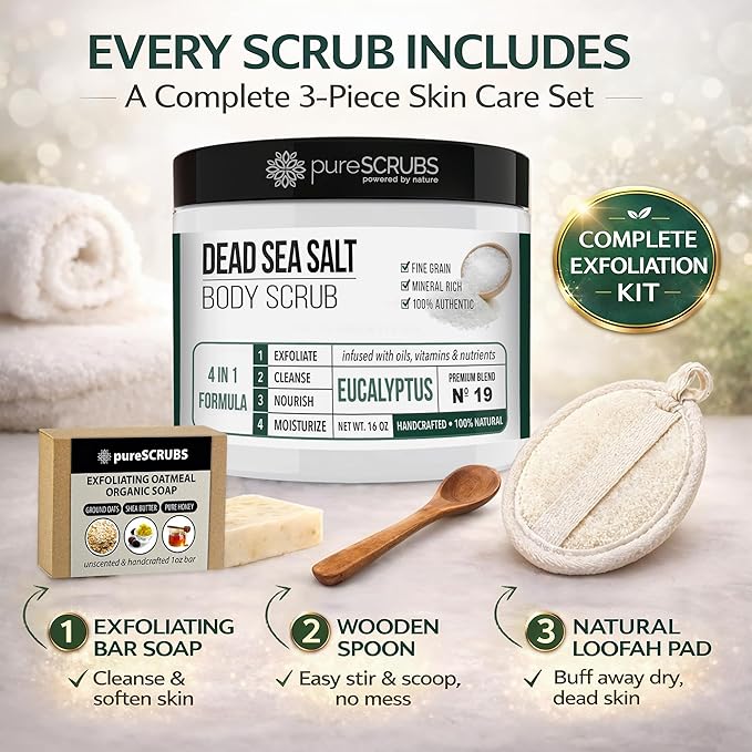 pureSCRUBS Premium Eucalyptus Body Scrub Set - Large 16oz Dead Sea Salt Body Scrub With Infused Essential Oils & Nutrients, Includes Wooden Spoon, Loofah & Oatmeal Exfoliating Bar Soap