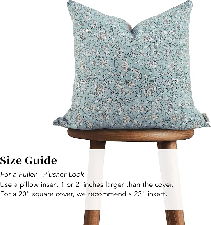Handmade Block Print 100% Thick Cotton 20 x 20 inch Throw Pillow Cushion Cover with Zipper - Pillowcase for Bedroom, livingroom, Couch, Sofa, Outdoor, Chair, Bed, Home Décor-Lina (Misty Blue)