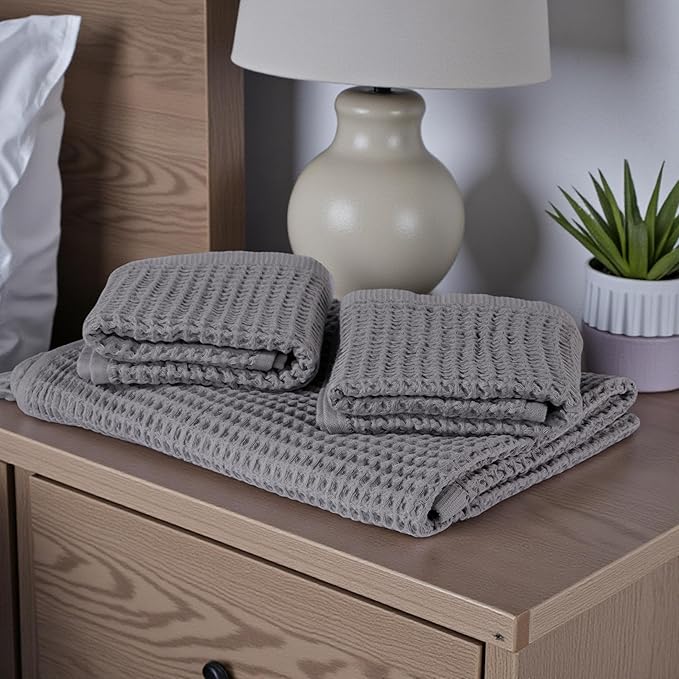 DEMMEX Organic Cotton Waffle Turkish Hand Towels for Bathroom & Kitchen, Large 20x30 in, 100% Oeko-TEX Certified Ultra Soft Turkish Cotton, Lightweight Quick Dry Waffle Weave, Set 2 (Gray)