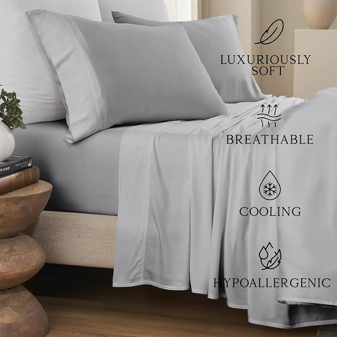 KARISSA MAE Pure Viscose from Bamboo King Size Pillowcase Set | 100% FSC Certified | Luxuriously Soft | Cooling | [Grey Mist]