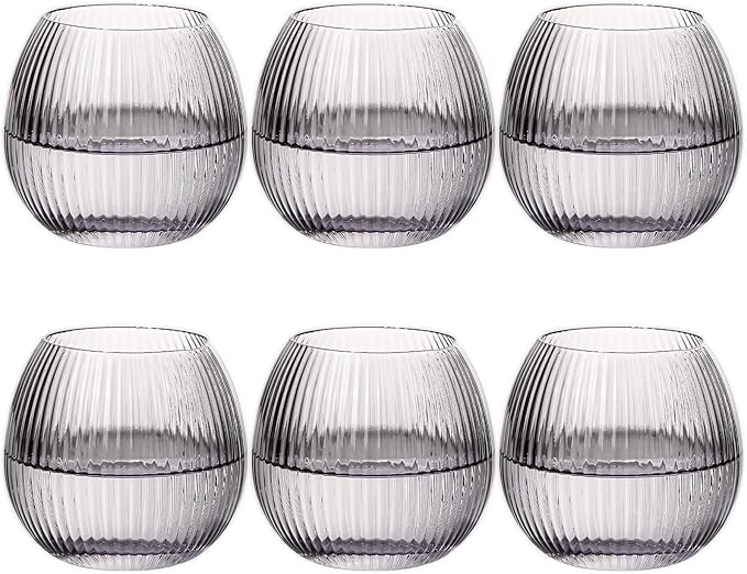 JOVGANK Grey Ribbed Drinking Glasses Set of 6-10.8 OZ Stemless Wine Champagne Whiskey Cocktail Glass, Reusable Wine Cups for Home Party Wedding Bar