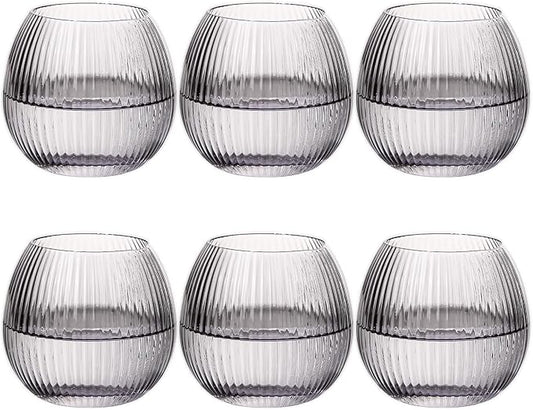 JOVGANK Grey Ribbed Drinking Glasses Set of 6-10.8 OZ Stemless Wine Champagne Whiskey Cocktail Glass, Reusable Wine Cups for Home Party Wedding Bar