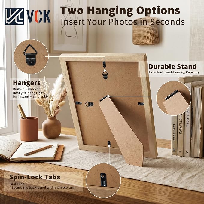 VCK 5x7 Picture Frames Natural - 3 Pack, Wide Border Solid Wood, Tempered Glass, Display 4x6 Photo with Mat or 5 x 7 Without, for Home, Office, Gallery, Woodgrain Series, Tabletop & Wall Hanging