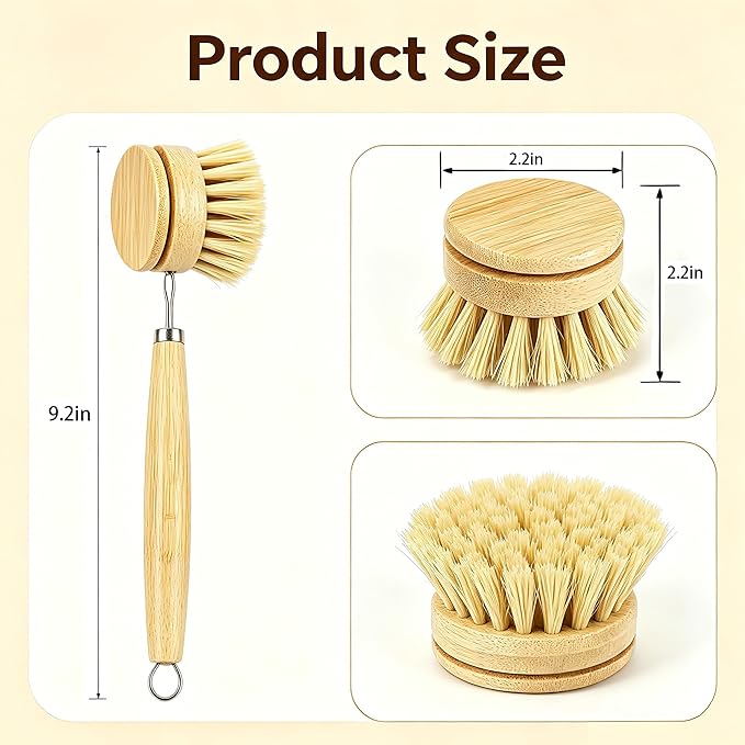 Bamboo Dish Brush with 3 Replacement Heads, Plastic-Free Kitchen Scrub Brush with Long Handle, Natural Sisal Bristle Bamboo Brush for Pans, Dishes, Pot,Veggie and Fruit