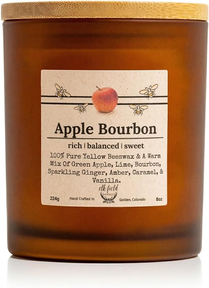 Apple Bourbon Organic Beeswax Candle, 8oz | 2 Ingredients | 100% Pure Beeswax Candles, Non Toxic, Natural, Organic Candles, Beeswax Candles Scented, Non Toxic Candles, 50 Hour