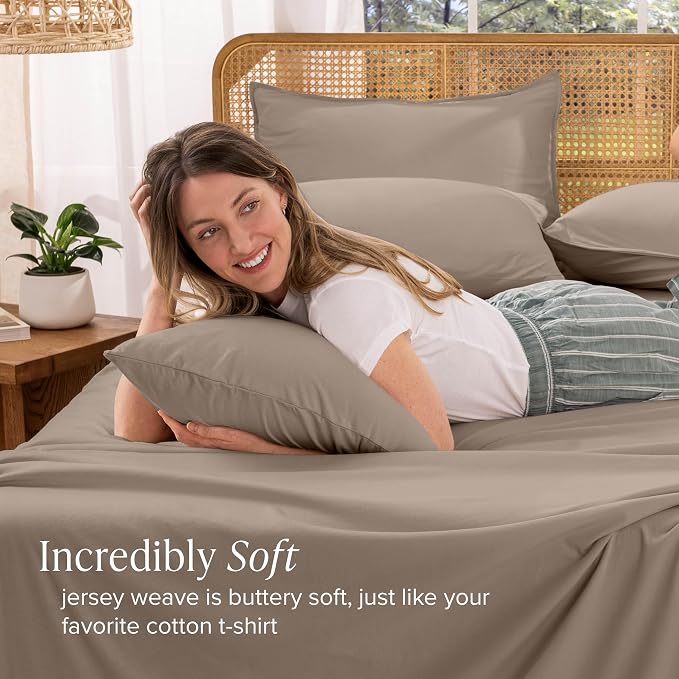 Bare Home 100% Organic Cotton T-Shirt Fabric Sheet Set, Ultra Soft, 100% Cotton Jersey - Sheet Set & Pillowcases - Deep Pocket Bed Sheets (Twin XL, Taupe)