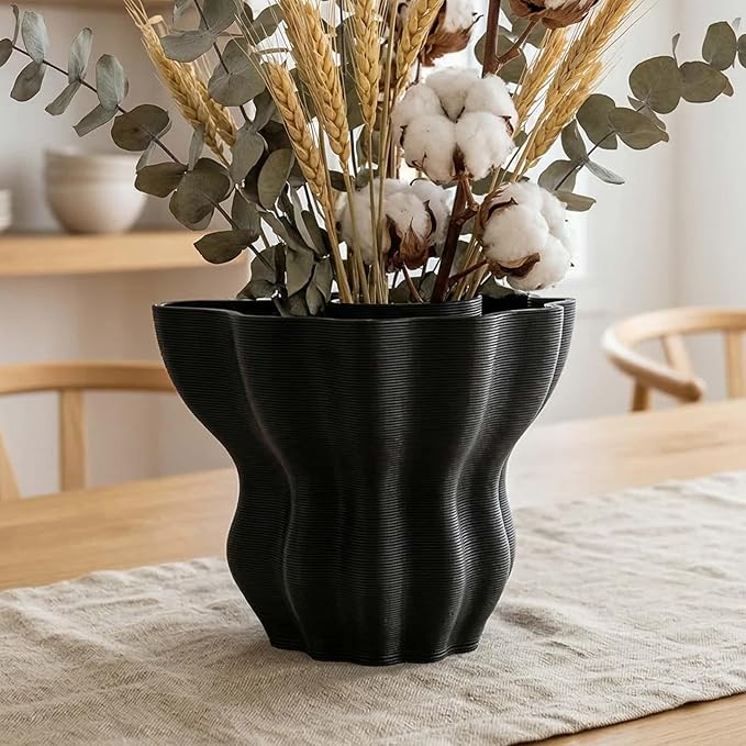 Contemporary Black Ceramic Vase, Abstract Irregular Shape Sculptural Accent for Home Decor, Modern Artistic Centerpiece for Coffee Table or Bookshelf