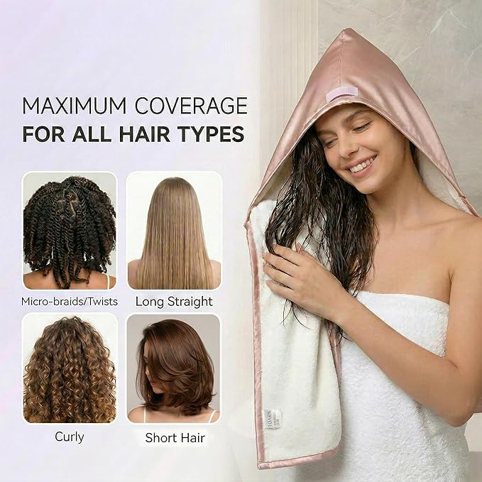 Microfiber Hair Towel Wrap for Women, Thickened Quick Dry Hair Turban with Satin Elastic Band, Hair Drying Towel for Long Hair（Pink）