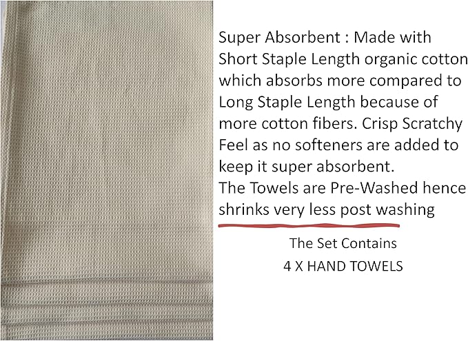 Waffle Hand Towels Pack of 4, 20X29 INCHES, 100% Natural Organic Cotton GOTS Certified (Ivory) Super ABSORBANT & Quick Dry, NO SOFTENERS, Environment Friendly