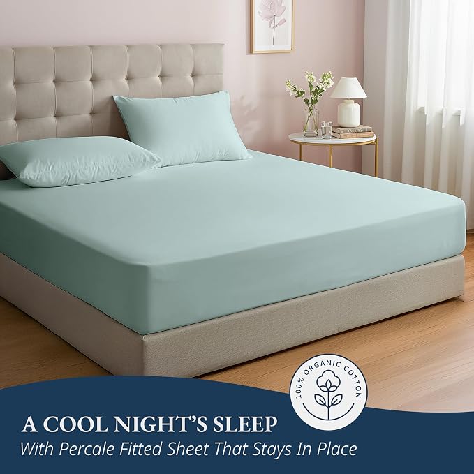 LANE LINEN Full Size Fitted Sheet & Pillowcases (No Flat Sheet) - 100% Organic Cotton Soft & Breathable Percale Weave Fitted Sheet Set - 15'' Deep Pocket For Snug Fit - GOTS Certified - Cool Blue