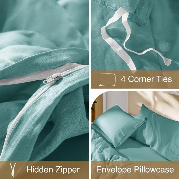 SONORO KATE 100% French Linen Duvet Cover Queen Size, Soft Breathable for Hot Sleepers, Moisture Wicking & Durable Cover Set - Zipper Closure & 4 Corner Ties Duvet Covers 3 Piece (Aqua,Queen)