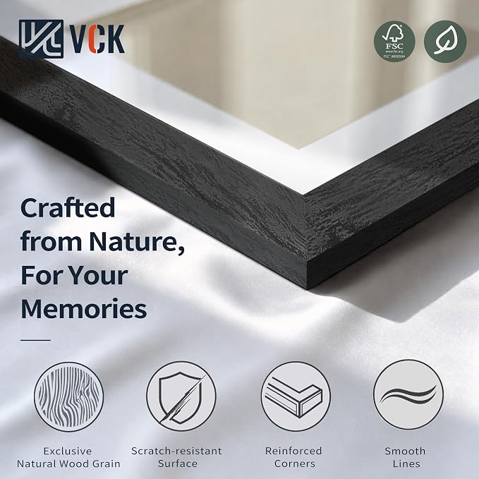 VCK 16x20 Picture Frames Black 3 Pack, Wide Border Solid Wood, Tempered Glass, Display 11x14 Photo with Mat or 16 x 20 without, for Home, Office, Gallery, Woodgrain Series, Wall Hanging
