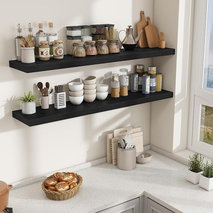 Fun Memories 55 Inch Fireplace Mantel Shelf, 10 Inch Deep Shelves for Display & Wall Storage, Rustic Wood Wall Shelf, Extra Long Floating Shelves for Living Room Laundry Room, Black, Set of 2