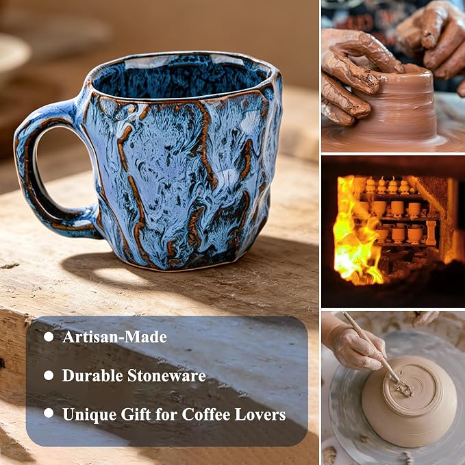 DorkTees 9oz Handmade Reactive Glaze Stoneware Coffee Mug, Luxury Rustic Textured Cup with Handle, High-Fired Ceramic Mug, Microwave & Dishwasher Safe, Gift for Coffee Lovers. (Blue)