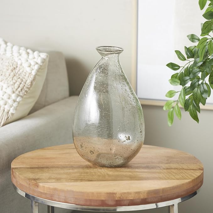 Deco 79 Glass Decorative Vase Speckled Centerpiece Vases with Brown Accents, Flower Vases for Home Decoration 7" x 7" x 12", Clear