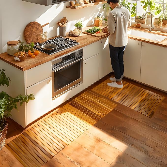 Utoplike Teak Wood Mat for Bathroom Dry Areas, Floor Mat with Non-Slip Rubber Back, Rollable, Fit for Kitchen, Vanity Area, Powder Room, Bath Room Entrance, Entryway Décor