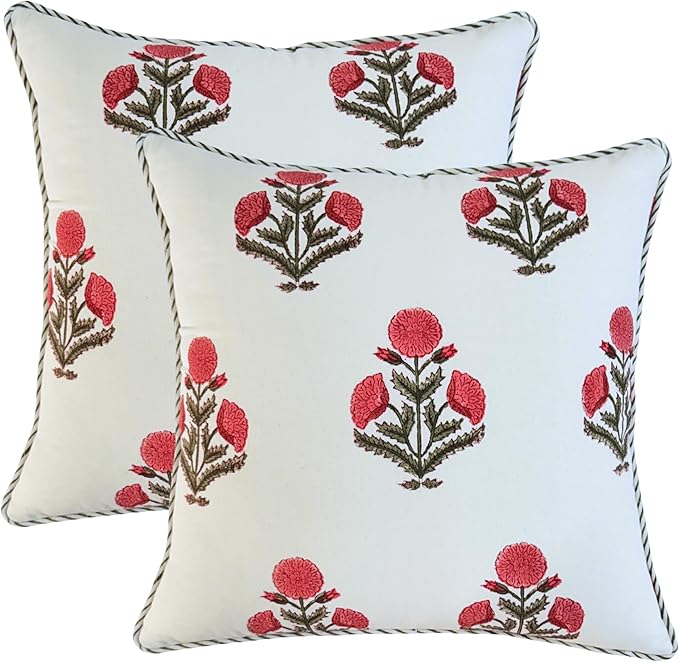 ATOSII Block Print Boho Throw Pillow Covers, 18 X 18, Set of 2, Decorative Couch Pillows for Living Room, 100% Cotton Canvas Acccent Pillows, Christmas Thanksgiving Fall Preppy Throws - Poppy