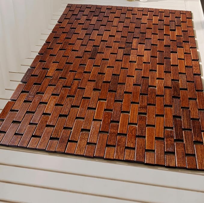 Bath Mat for Luxury Shower, Non-Slip Bamboo Sturdy Waterproof Bathroom Carpet for Sauna Spa Steps Decor and Accessory, Brown, 24" x 36"