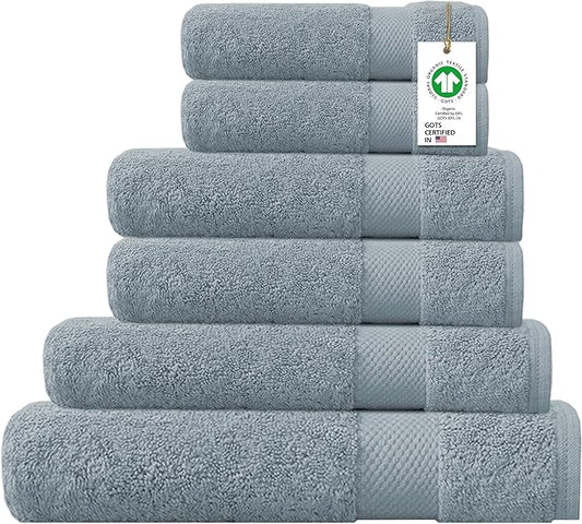 100% Organic Cotton Towels 650 GSM Plush Feather Touch Quick Dry Towel, 6-Piece Towel Set GOTS Certified, Oeko-Tex Green Certified, 1 Bath Towel, 1 Bath Sheet, 2 Hand Towels & 2 Wash Cloths