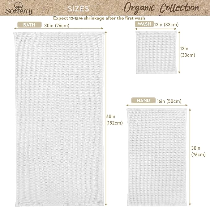 Softerry European Waffle Weave Bath Towel Set of 8-100% Organic Cotton - Quick Dry Lint Free Thin and Absorbent - Fade Resistant - Eco-Friendly (White)