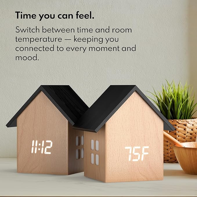 Driini Digital House-Shaped Alarm Clock with Temperature Display (Light Wood) – Modern Aesthetic - Cute Cube Frame and White LED Dimmer - Perfect Large Desk Clock for Bedside Table or Bedroom Mantle