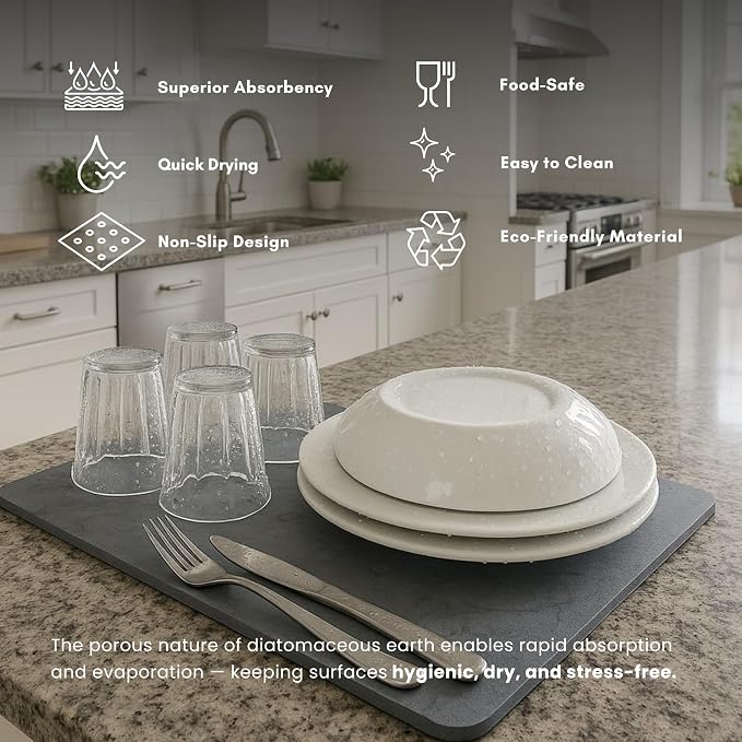 Diatomite Stone Dish Drying Mat for Kitchen Counter & Sink – Quick Dry, Super Absorbent, Non Slip, Eco Friendly Water Absorbing Tray, Heat Resistant 16x12”