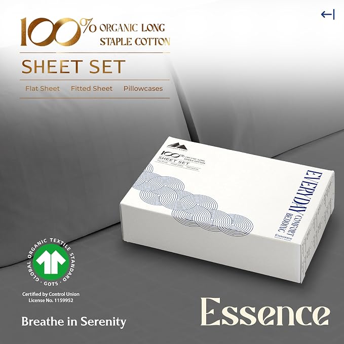 Mayfair Linen 100% Organic Cotton Sheets Queen Size - 4 PC Organic Cotton Queen Size Percale Weave Sheet Set, Soft, Cooling, Crisp & Breathable, 16" Deep Pocket Hotel Quality Bedding Set - Dark Grey