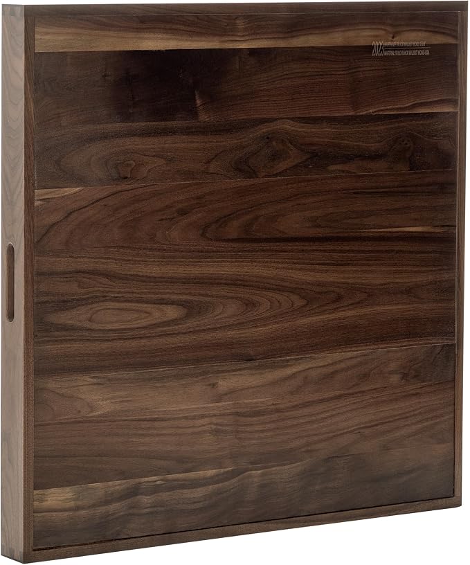 28 x 28 inches King Sized Square Ottoman Table Tray, Oversized Solid Wooden Black Walnut Decorative Serving Tray with Handles, Extra Large Cube Platter for Bed Oversized Ottoman