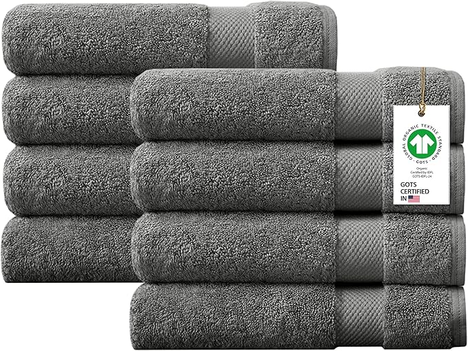 100% Organic Cotton Towels 650 GSM Plush Feather Touch Quick Dry Bath Towel, Pack of 8 GOTS Certified, Oeko-Tex Green Certified, Organic Cotton Bath Towel, 30"X58"