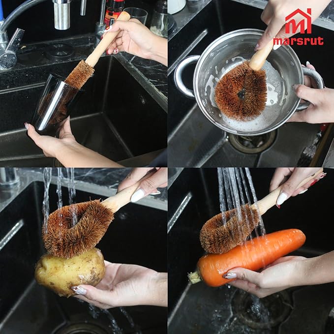 2pcs Coconut Fiber Bottle Brush, Bottle Cleaner Dish Scrubber, Eco Friendly Natural Wooden Cleaning Scrub Bristle Head for Deep Pan Kitchen Dishes Vegetable Washing, Sturdy Handle Holder, Dark Brown
