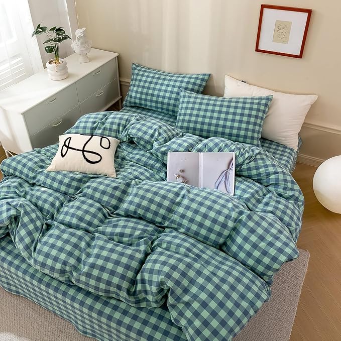 mixinni Green Gingham Grid Duvet Cover Full, 100% Washed Cotton Modern Geometric Bedding Set with 2 Pillowcases, Farmhouse Style Blue Plaid Comforter Cover Set for Men & Women, Soft & Lightweight