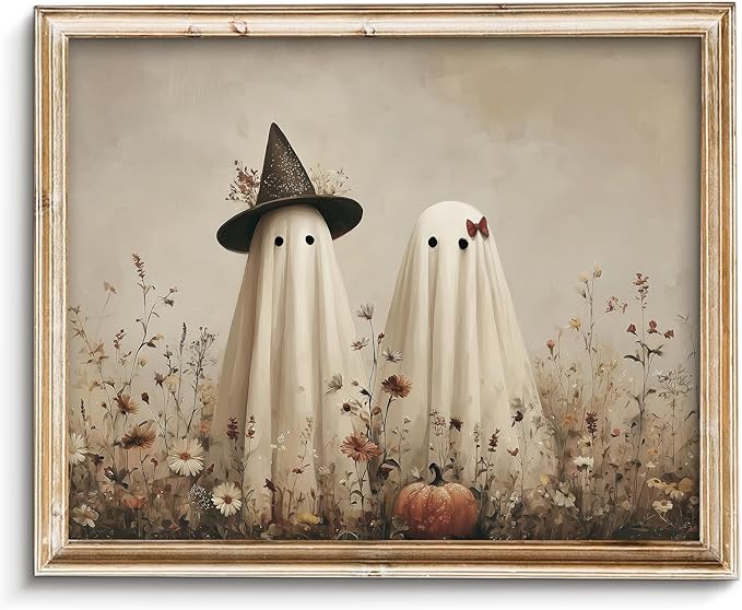 Vodefoad Whimsical Ghost Halloween Print, Two adorable ghosts in hats, Rustic halloween Cottagecore Autumn Art, Hallo ween-themed Home Decor Wall Art for Kitchens, Nurseries, and Entryway Holiday Gift - 8x10Inch Unframe