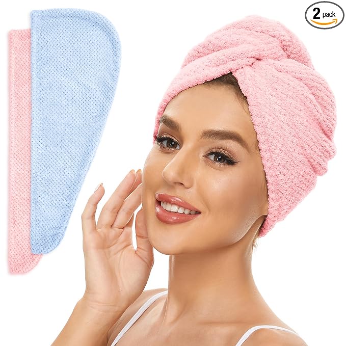 SimpleField 2 Pack Microfiber Hair Towel Wrap for Women, Anti Frizz Quick Drying Hair Turban for All Hair Style, Absorbent and Lightweight (Blue+Pink)