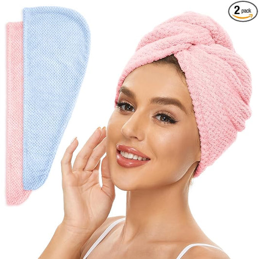 SimpleField 2 Pack Microfiber Hair Towel Wrap for Women, Anti Frizz Quick Drying Hair Turban for All Hair Style, Absorbent and Lightweight (Blue+Pink)