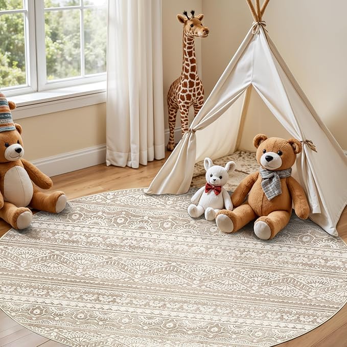 Tortania 5' Round Area Rug Living Room Rugs - Washable Large Soft Neutral Boho Moroccan Bohemian Farmhouse Rug Indoor Floor Carpet for Bedroom Under Dining Table Home Office Decor - Light Brown