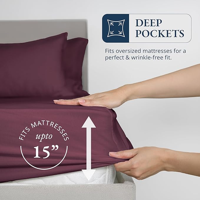 LANE LINEN Queen Fitted Sheet & Pillowcases Set (No Flat Sheet) - 100% Organic Cotton Soft & Breathable Percale Weave Fitted Sheet Set - GOTS Certified - 15'' Deep Pocket - Windsor Wine