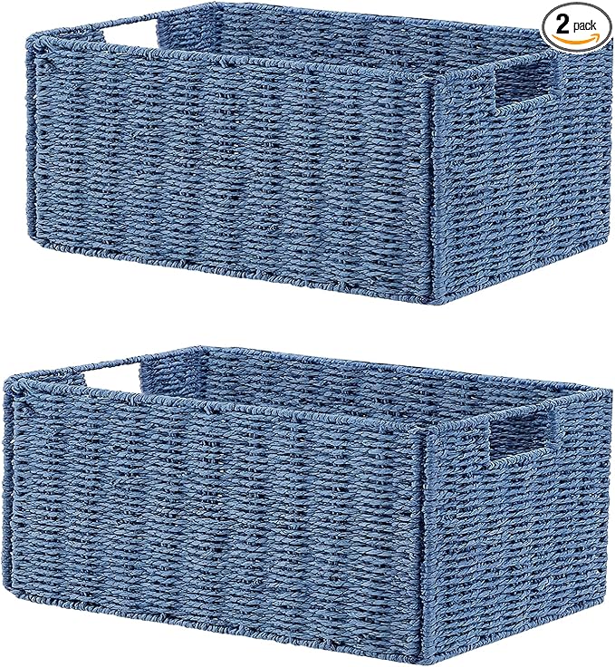 Vagusicc Wicker Storage Basket, Set of 2 Hand-Woven Paper Rope Wicker Basket, Small Storage Baskets for Organizing Toilet Paper, Foldable Large Cube Storage Organizer Bins for Shelves (Blue)